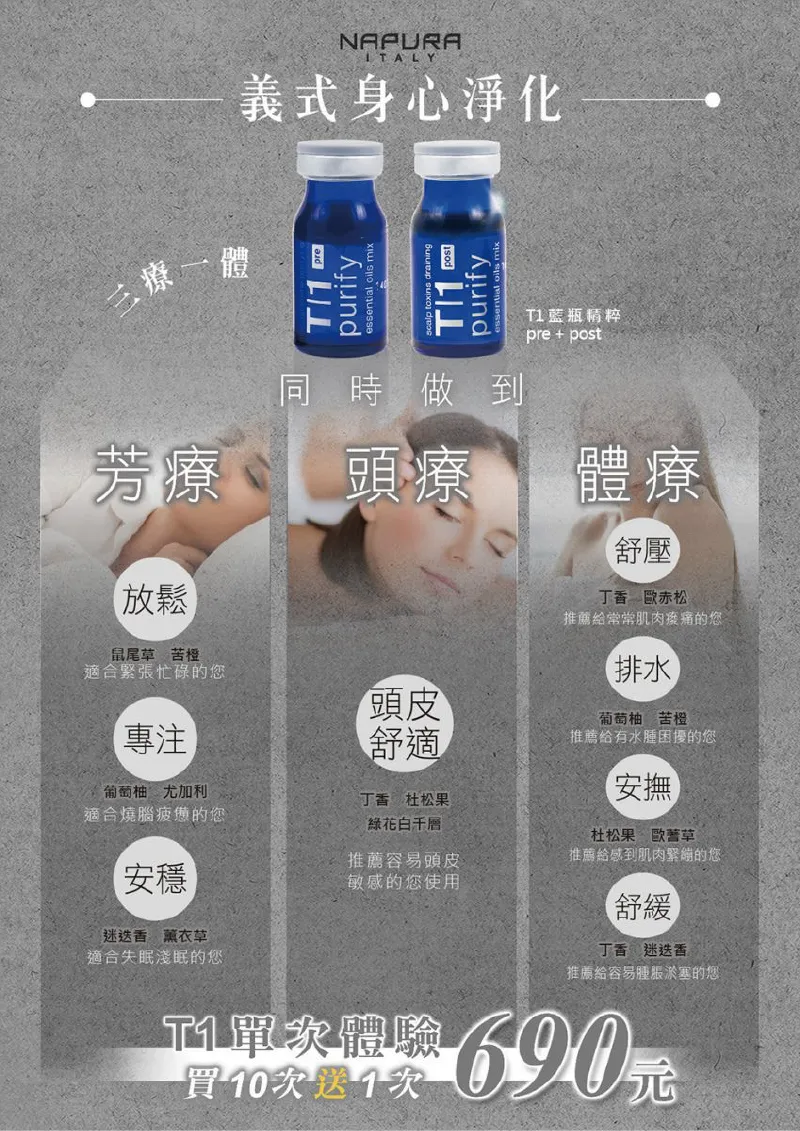 頭皮按摩護理推薦N SPA義大利T1系列精油頭療護理課程,讓您一次課程擁有芳療、頭寮與體療3種感受 義大利T1系列精油頭療護理-頭部護理推薦